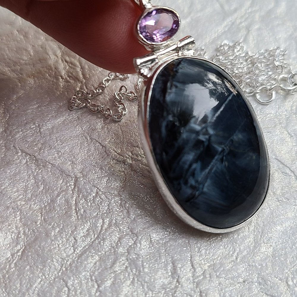 Pietresite and Amethyst Sterling Silver Pendant-Chunky Pietresite Pendant - Picture 1 of 6